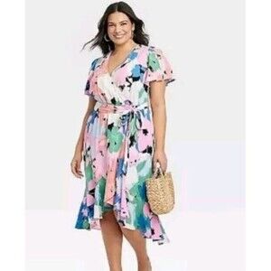 Ava & Viv Faux Wrap Dress Size 3X High/Low Hem Flutter Sleeve